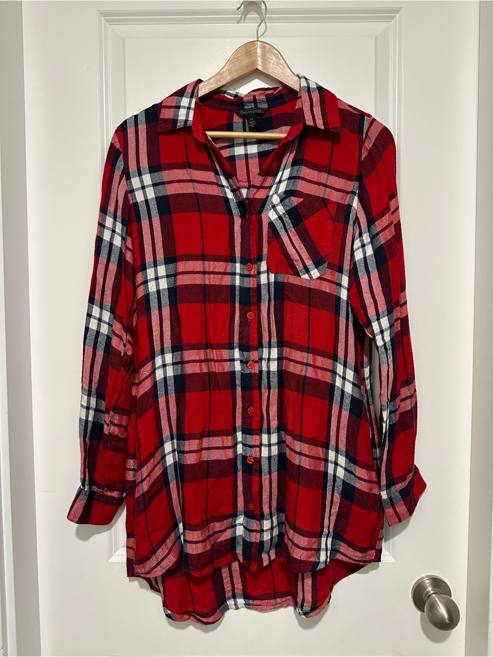 Red Plaid Long Button-Down Shirt - Classic Longline Women's Top Size M